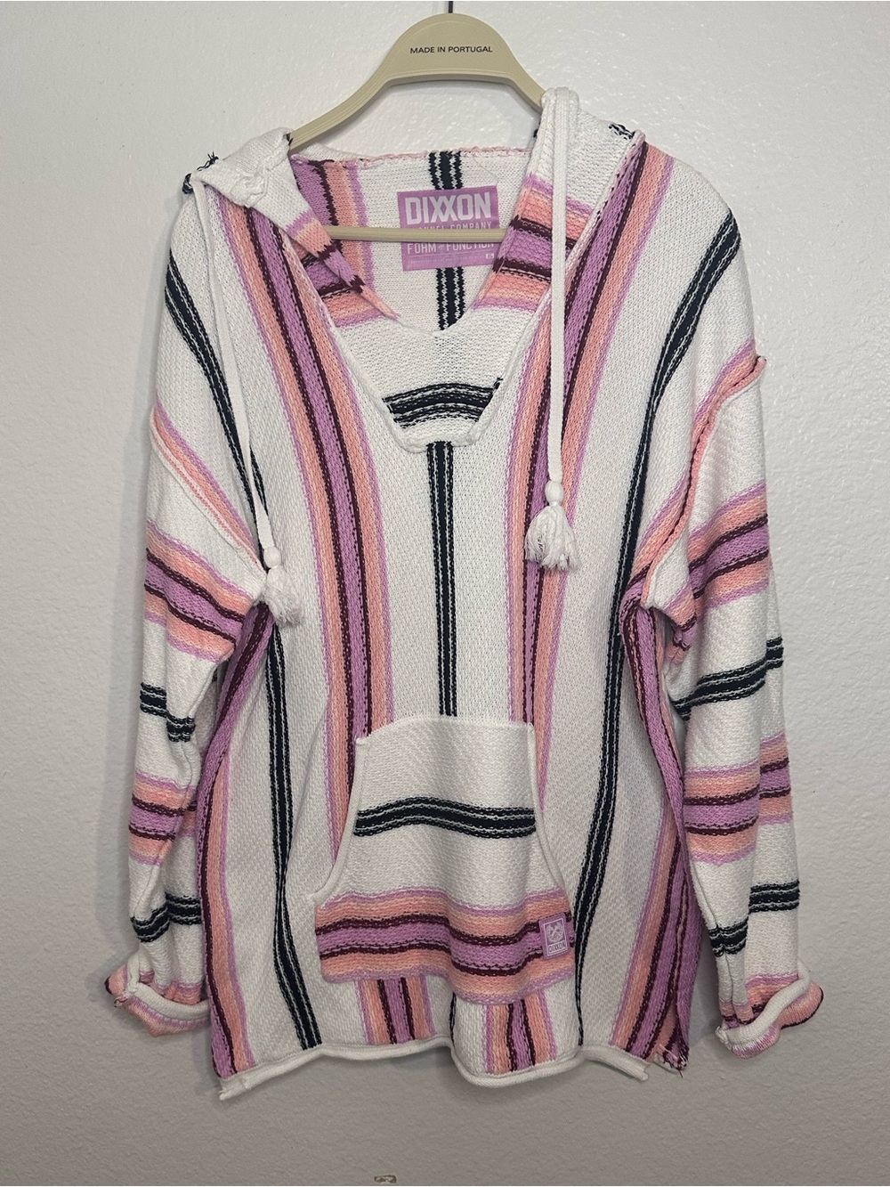DIXXON White, Pink & Black Striped Hooded Baja Pullover